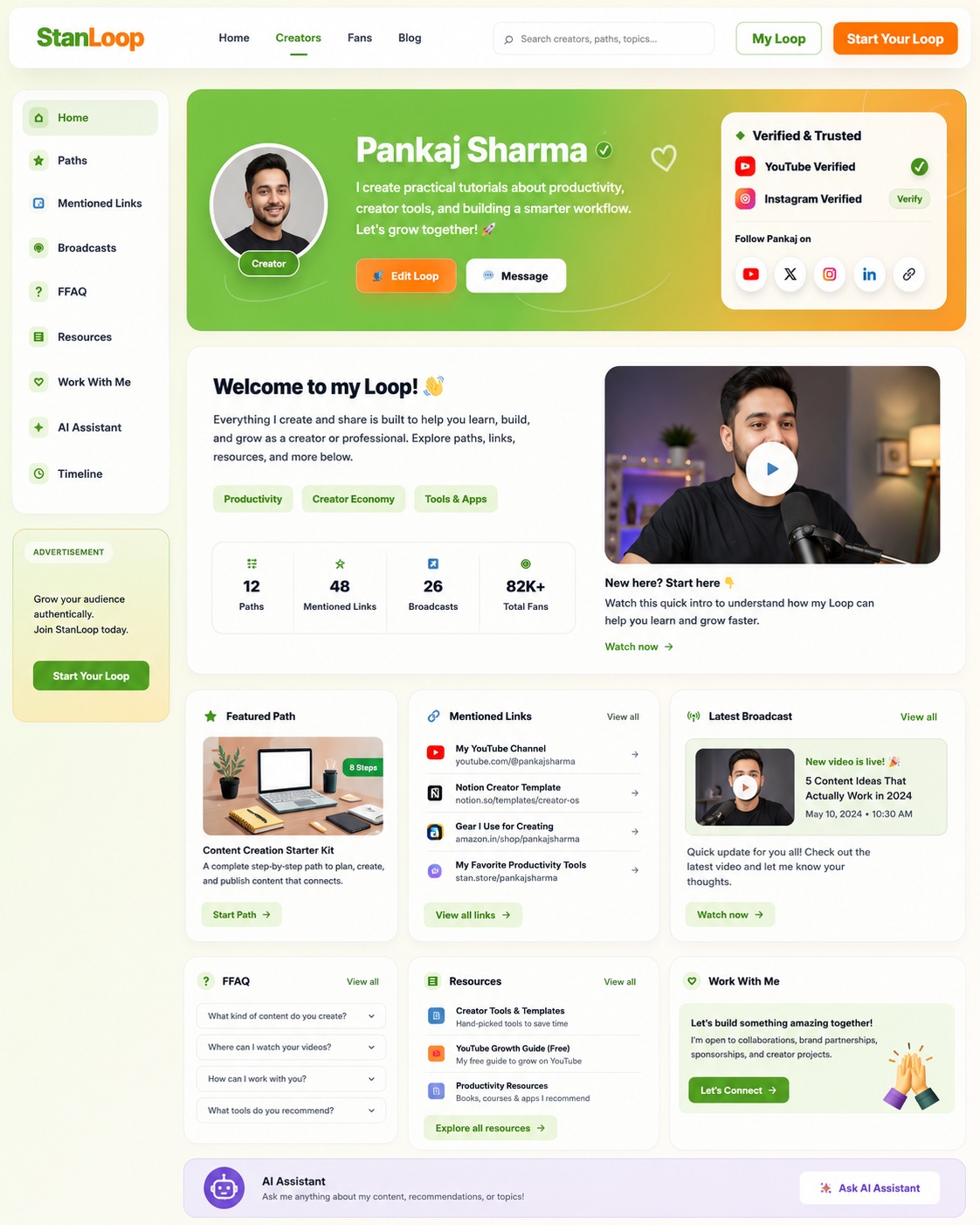 Preview of a StanLoop creator Loop page with creator profile, Paths, Mentioned Links, Broadcasts, FFAQ, Resources, Work With Me, and AI Assistant.